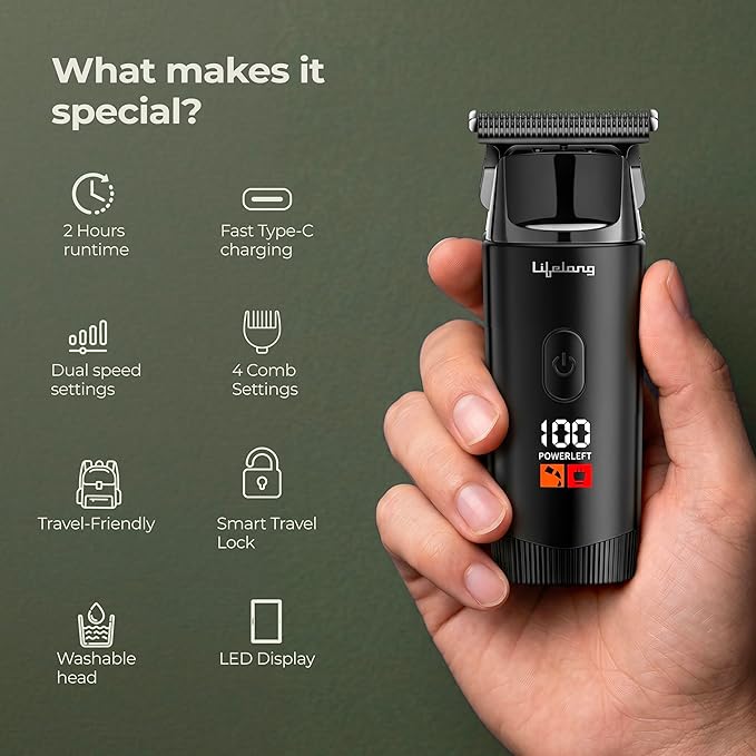 Lifelong Mini Beard Trimmer for Man | Trimmer Men Beard | Cordless Portable All in One Trimmer for Man | Skin Friendly Shaving Machine with 4 Combs, 1.5Hr TypeC Rechargeable, 2Hr Runtime, Travel Lock